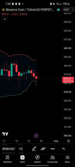 Trading chart showing Binance Coin / TetherUS (BNBUSDT) at $565.31, down 0.42% with candlestick data visible.