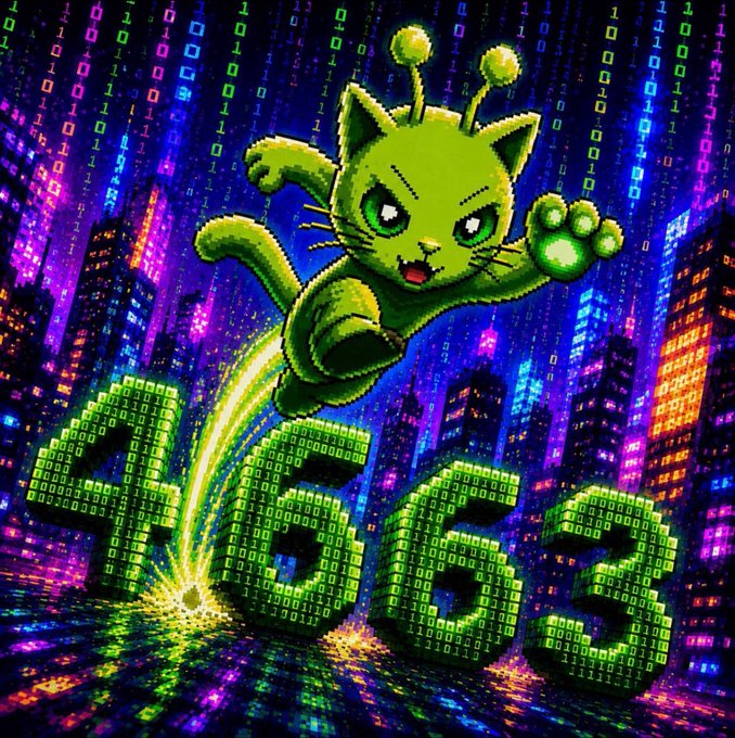 A vibrant digital art piece features a green alien-cat hybrid character leaping in front of neon 'ACBS' letters made of binary code, set against a cyberpunk cityscape background.