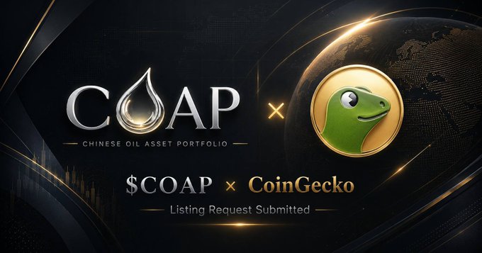 A promotional graphic announcing $COAP's listing request submission to CoinGecko, featuring the "COAP – Chinese Oil Asset Portfolio" logo alongside the CoinGecko gecko mascot, with text reading "$COAP × CoinGecko – Listing Request Submitted" against a dark globe-themed background.