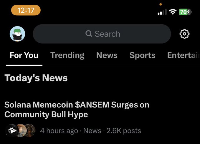 A mobile app screen showing 'Today's News' with a headline: 'Solana Memecoin $ANSEM Surges on Community Bull Hype'.