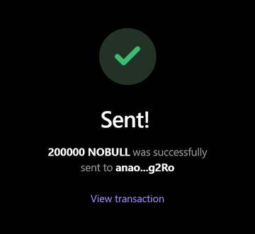A confirmation screen shows "Sent!" with a green checkmark, indicating 200000 $NOBULL was successfully transferred to a wallet address ending in "g2Ro," supporting the airdrop campaign.