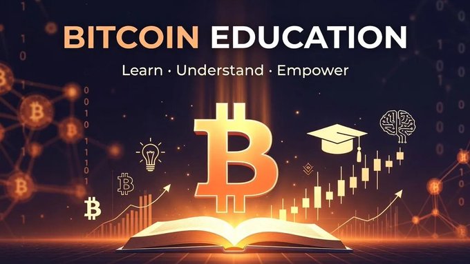The image features a poster for Bitcoin Education with an open book at its center, surrounded by various symbols related to Bitcoin such as a Bitcoin block chain and a Bitcoin block. The text above the book reads "Bitcoin Education" and below it says "Learn, Understand, Empower".