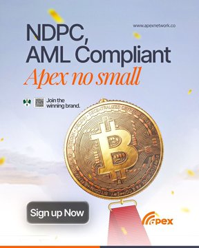 A promotional graphic featuring a large golden Bitcoin coin against a blue sky background, with bold text reading "NDPC, AML Compliant — Apex no small," alongside the Apex Network logo and a "Sign up Now" call-to-action button.

The image reinforces the post's messaging about Apex Network by visually emphasizing its crypto trading capabilities and highlighting its NDPC compliance and credibility as a platform for serious traders.