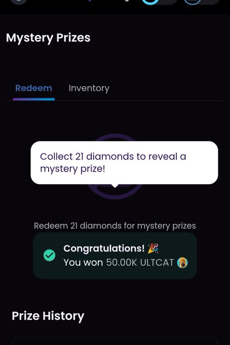 A mobile app screen titled 'Mystery Prizes' with tabs for 'Redeem' and 'Inventory', showing a prompt to 'Collect 21 diamonds to reveal a mystery prize!' and a congratulations message for winning 50.00K ULTCAT.