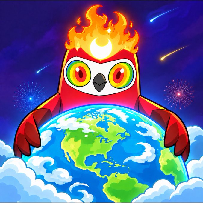 A cartoon illustration of a red owl-like character with a flame on its head holding the Earth against a starry night sky.