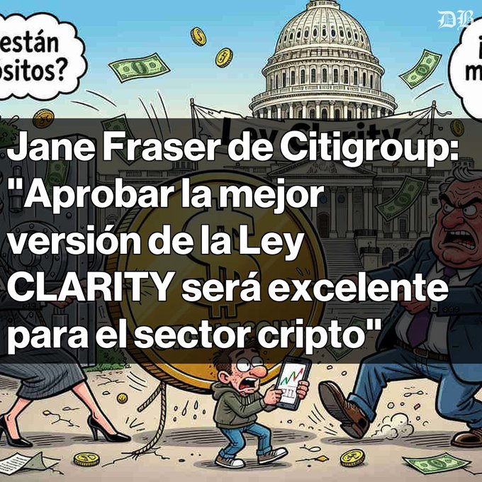 A cartoon illustration showing the U.S. Capitol and a large Bitcoin, with Spanish text quoting Jane Fraser of Citigroup: 'Aprobar la mejor versión de la Ley CLARITY será excelente para el sector cripto'.