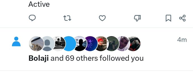 An Instagram notification stating 'Bolaji and 69 others followed you'.