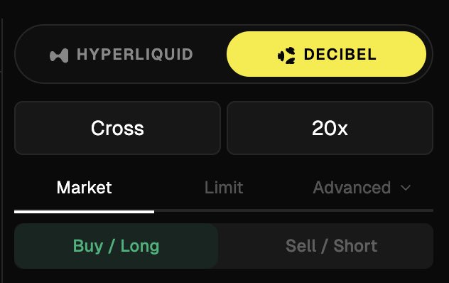 xtrading app interface displays a yellow button labeled "DECIBEL" and two options for market action, with the first option being "CROSS" and the second option being "LIMIT 20X".