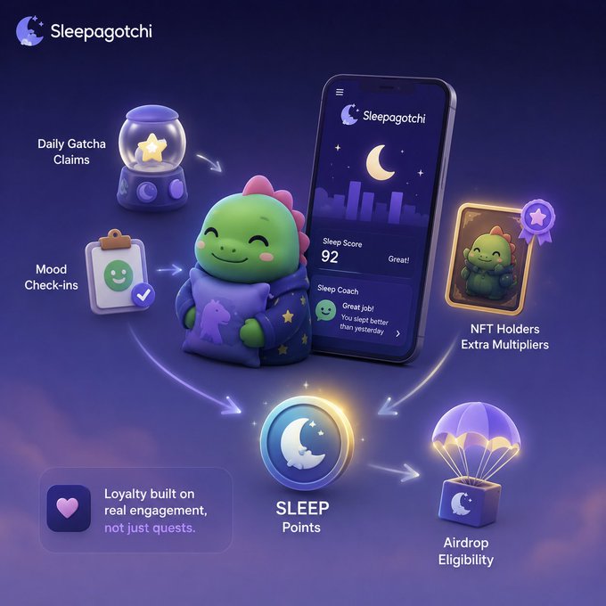 A promotional graphic for the 'Sleepagotchi' app, featuring a green dinosaur character and showing features like 'Daily Gacha Claims', 'Mood Check-ins', 'SLEEP Points', 'Airdrop Eligibility', and 'NFT Holders Extra Multipliers' with the tagline 'Loyalty built on real engagement, not just quests.'
