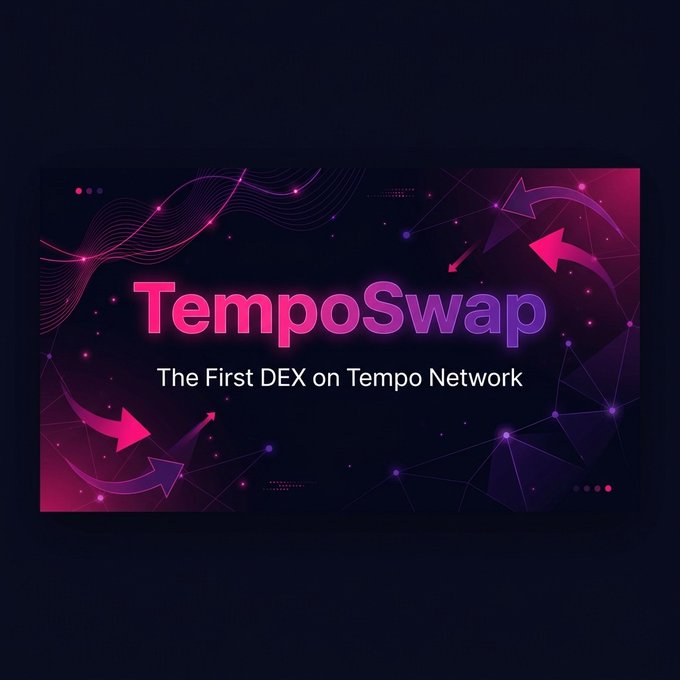The image features a poster for TempoSwap, which is an app designed to help users manage their music libraries. The poster has a dark background with purple and pink colors, giving it a creative and eye-catching appearance. The text on the poster reads "TempoSwap" in white letters, followed by "The first DEX on TEMPPO Network". This suggests that TempoSwap is a platform for managing music libraries specifically designed for Tempo networks.