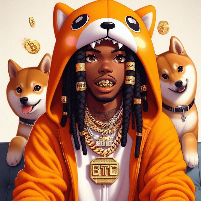 A person wearing an orange Shiba Inu hoodie and gold 'BTC' medallion sits between two Shiba Inu dogs with floating Bitcoin coins.