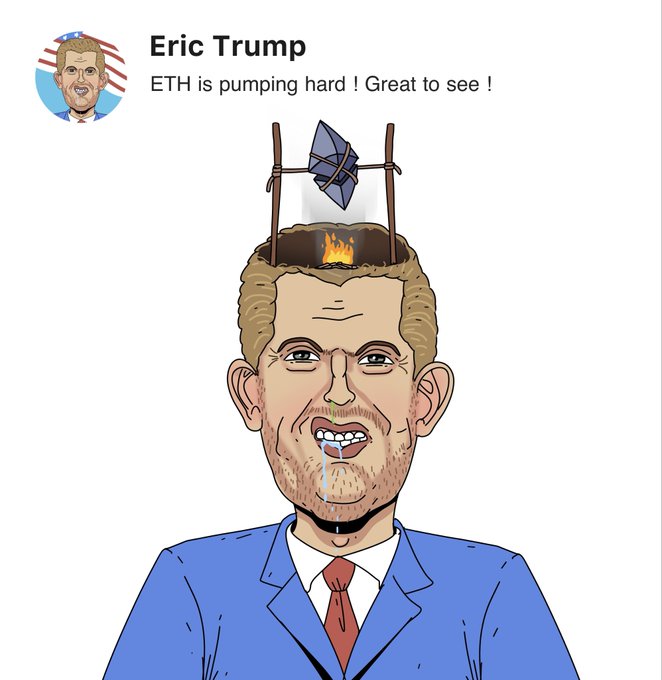 A satirical illustration of Eric Trump with an open skull showing a pot of boiling water and Ethereum logos being cooked on a stick, with the caption "ETH is pumping hard! Great to see!"