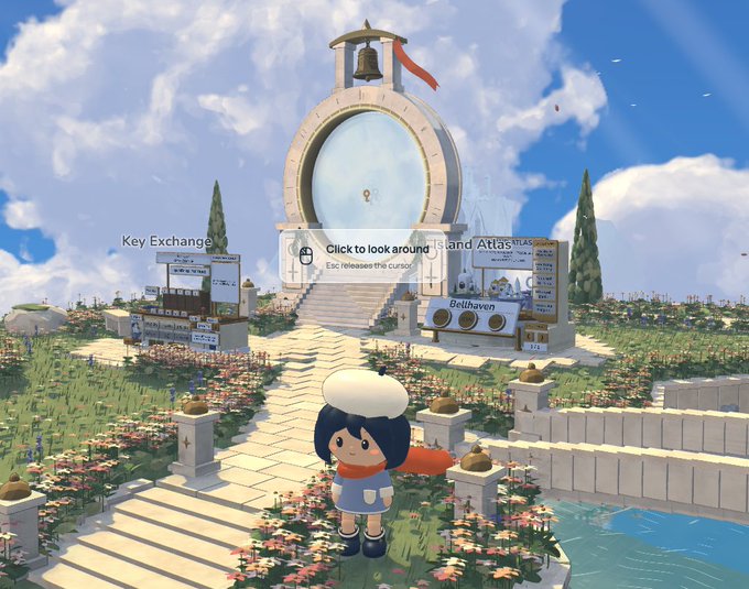 The image shows a charming character in a garden setting with a large bell-archway structure and signs labeled "Key Exchange" and "Bethaven," likely from a fantasy MMORPG. The scene depicts an in-game hub area where players can trade or interact, aligning with the post about purchasing $15 game accounts with maximum touch add-ons in CS (Counter-Strike).