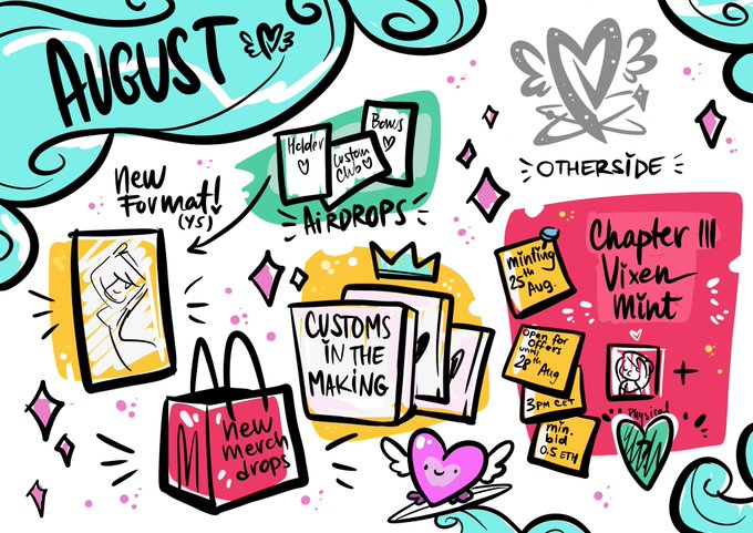 Hand-drawn illustration serving as an August update for 'Otherside,' featuring notes about new formats, airdrops, customs in the making, new merch drops, and a Chapter III Vixen Mint schedule with dates ranging from August 25 to October 5.