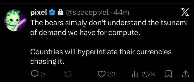 A tweet from verified user @spacepixel reads: "The bears simply don't understand the tsunami of demand we have for compute. Countries will hyperinflate their currencies chasing it." The post has 32 likes, 2.2K views, and 3 replies, aligning with the caption's reference to @cpx_token by emphasizing surging global demand for compute resources.