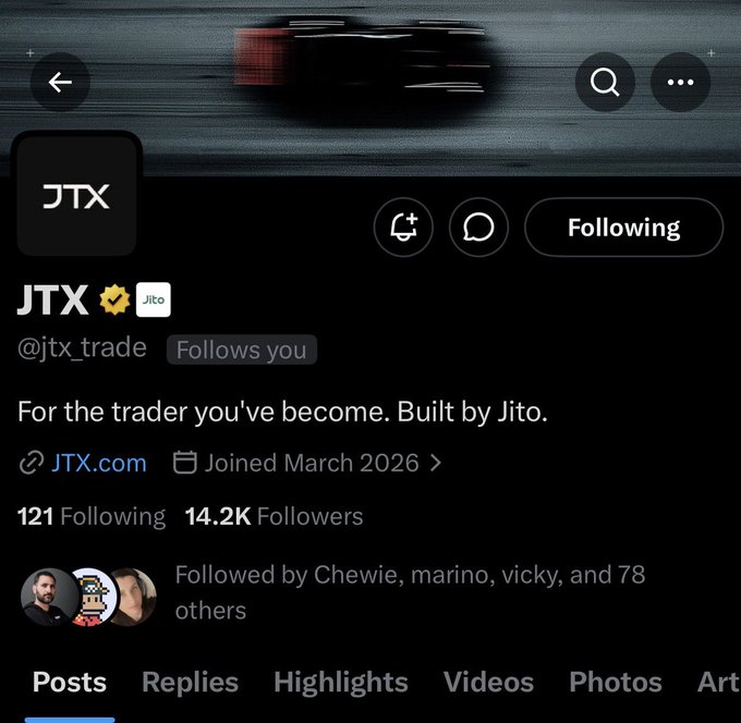 A Twitter profile page for JTX (@jtx_trade), tagged as 'Built by Jito', showing 14.2K followers and a 'Joined March 2026' date.