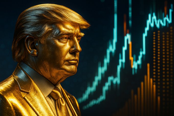 The image features a golden statue of former U.S. President Donald Trump facing towards the left side with his head turned to the right, as if he is contemplating something or observing an event. Behind him, there is a graph that shows a line going up and down in shades of blue and orange, resembling a stock chart indicating fluctuations in value over time. The scene takes place against a grey background.