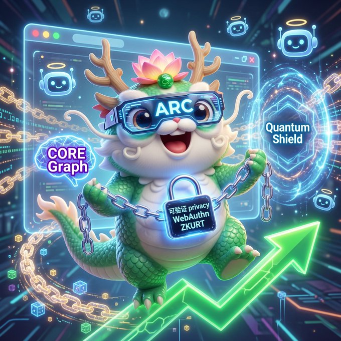 A colorful 3D cartoon mascot of a dragon wearing 'ARC' sunglasses, holding chains with a lock labeled 'WebAuthn ZKURT', surrounded by 'CORE Graph' and 'Quantum Shield' shields on a green upward arrow.