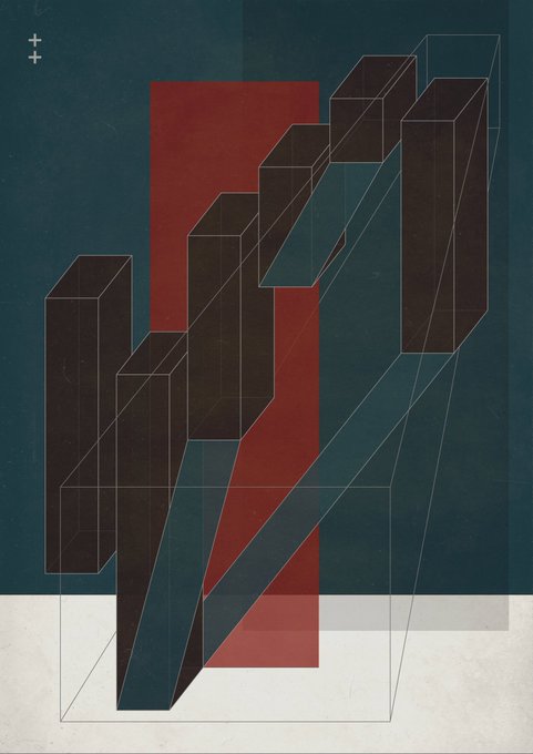An abstract geometric artwork featuring dark 3D rectangular blocks and line drawings against a teal background, intersected by a large red rectangular shape, with small cross symbols in the upper left corner.