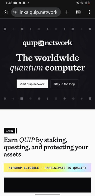 A mobile screenshot of the quip.network website, promoting 'The worldwide quantum computer' and offering ways to 'Earn QUIP by staking', noting it is 'AIRDROP ELIGIBLE'.