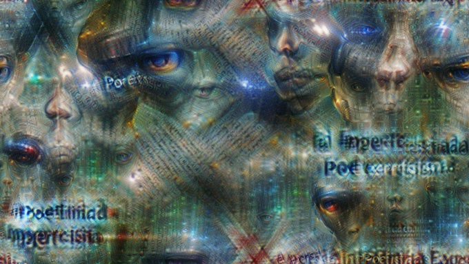 A collage of AI-generated, glitch-distorted human faces overlaps with Spanish words like "Poetissitad," "Poetcerita," and "Poetri," evoking themes of artificial identity and algorithmic corruption. The dreamlike, fragmented portraits visually echo the NFT title "Poesía artificial" ("Artificial Poetry"), reflecting the work's exploration of machine-driven creativity.