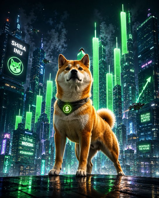 A digital illustration of a Shiba Inu dog wearing a collar with a dollar sign tag, standing in a cyberpunk cityscape with green neon lights, a 'SHIBA INU' sign, and a stock chart showing 'TO THE MOON'.