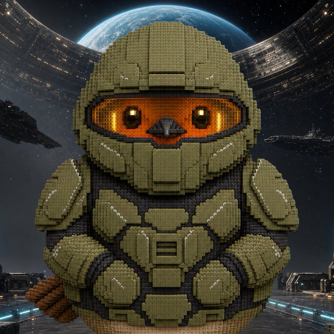 A LEGO-style rendering of a green-armored character with an orange visor and cape, set against a cosmic backdrop of a planet and space stations. The chibi, blocky aesthetic ties to the celebratory post thanking a supporter, with the link "opensea.io/collection/for…" pointing to an NFT collection—likely the project's digital assets.