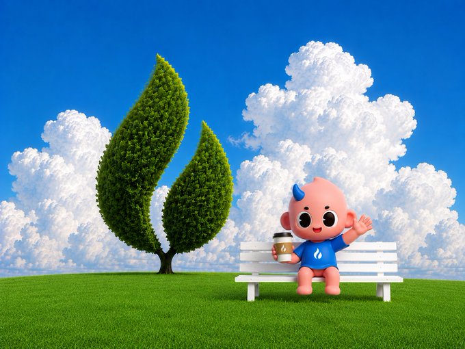 A cartoon mascot with a blue tuft of hair sits on a white bench in a grassy field under a cloudy blue sky, holding a coffee cup, next to a tree shaped like the Sui logo.