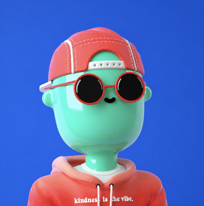 A 3D-rendered mint green figure wearing a backward red cap, round red sunglasses, and an orange hoodie with the text 'kindness is the vibe.' against a blue background.