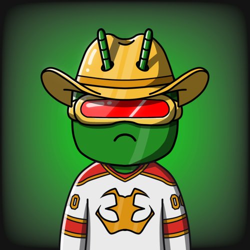 A cartoon character wearing a straw cowboy hat with green accents, red visor sunglasses, and a white jersey with the number 32.