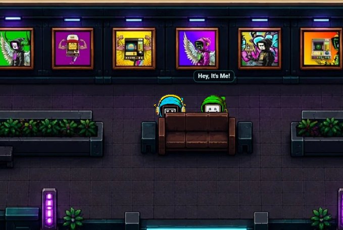 A pixel art video game scene showing two characters sitting on a couch beneath framed pictures on a wall, with a speech bubble saying 'Hey, It's Me!'.