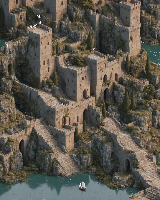 An isometric digital illustration of an intricate stone fortress with stepped towers built into rocky cliffs beside a body of water with a small sailboat.