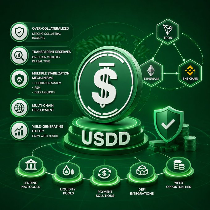 An infographic about USDD cryptocurrency, highlighting features like 'Over-Collateralized', 'Transparent Reserves', 'Multiple Stabilization Mechanisms', 'Multi-Chain Deployment', and 'Yield-Generating Utility', with icons for Tron, Ethereum, and BNB Chain.