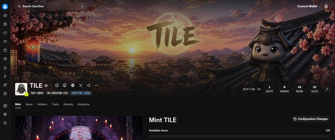 The image shows the TILE NFT project page on OpenSea, displaying the "Mint TILE" section with a countdown timer showing 1 day, 0 hours, 42 minutes, and 32 seconds remaining until minting begins. The banner features an anime-style character in samurai attire against a Japanese temple sunset backdrop, aligning with the post announcing Round 2 of their whitelist event for 50 participants.