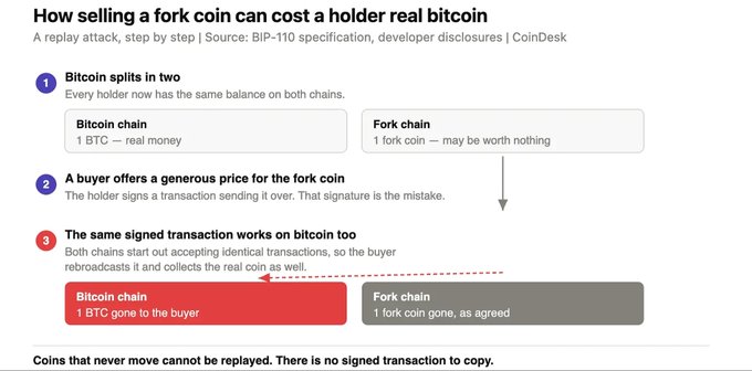An infographic titled 'How selling a fork coin can cost a holder real bitcoin' from CoinDesk, illustrating a replay attack using BIP-110 specification, showing the Bitcoin and Fork chains splitting and a buyer exploiting signed transactions to steal real Bitcoin.