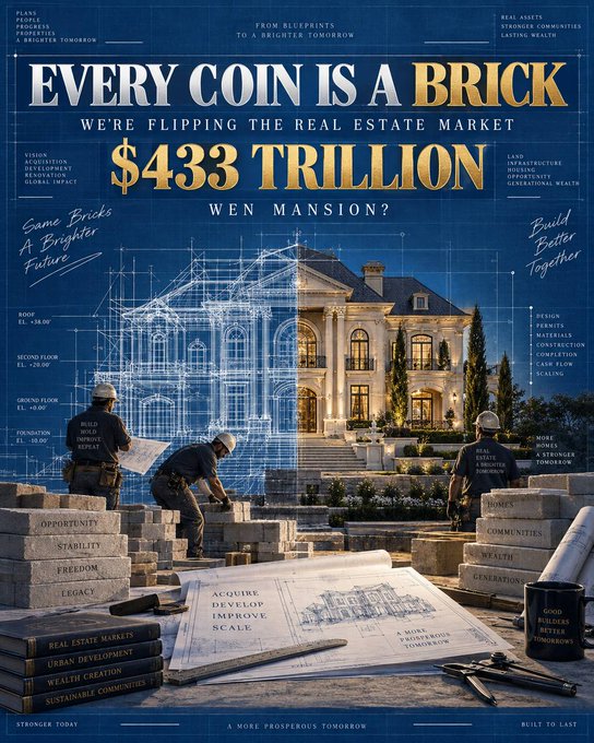 A promotional graphic reading "EVERY COIN IS A BRICK" and "$433 TRILLION WEN MANSION?" featuring a mansion under construction with blueprints, construction workers, and stacked bricks labeled with terms like "OPPORTUNITY" and "STABILITY."