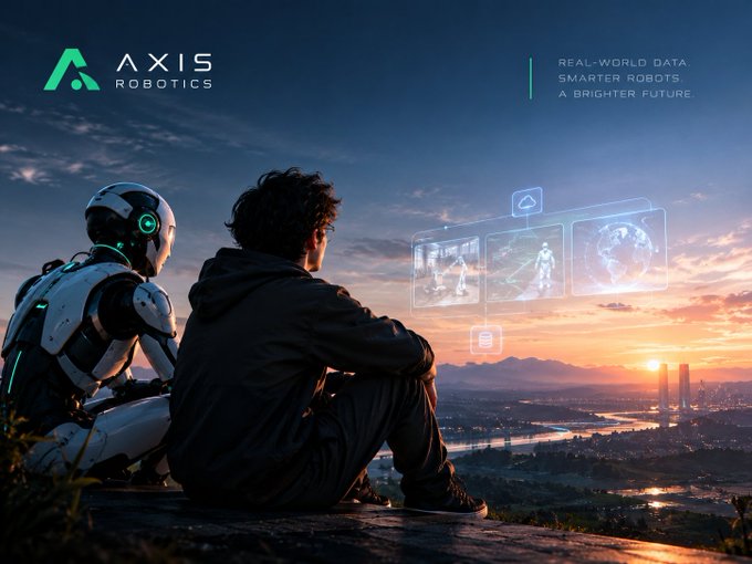 A promotional image for 'AXIS ROBOTICS' showing a person and a white humanoid robot sitting together on a cliff overlooking a city at sunset, with holographic displays showing clouds, data, and Earth, alongside the text 'REAL-WORLD DATA, SMARTER ROBOTS, A BRIGHTER FUTURE.'