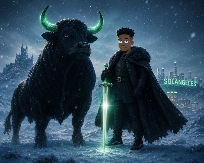 Fantasy artwork of a young man in a fur-lined cloak holding a glowing green sword alongside a large black bull with glowing green horns, set against a snowy night backdrop with 'SOLANGELES' visible.