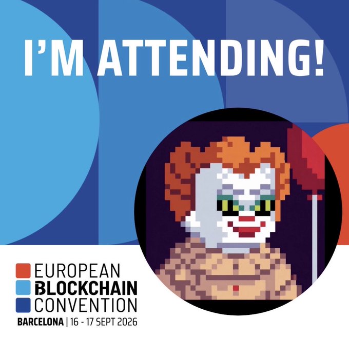 A promotional graphic for the European Blockchain Convention in Barcelona (Sept 16-17, 2026), featuring a pixelated Pennywise-style clown character with red hair and a menacing smile, announcing attendance with bold "I'M ATTENDING!" text over blue and red circular shapes.