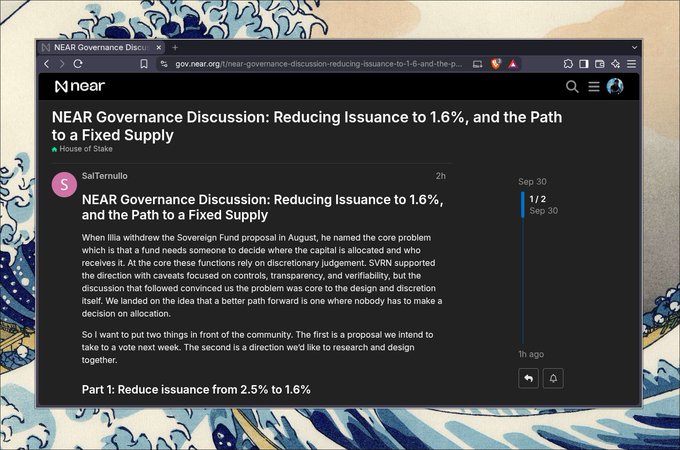 A screenshot of a NEAR governance article titled 'NEAR Governance Discussion: Reducing Issuance to 1.6%, and the Path to a Fixed Supply' by SalTermullo from House of Stake.