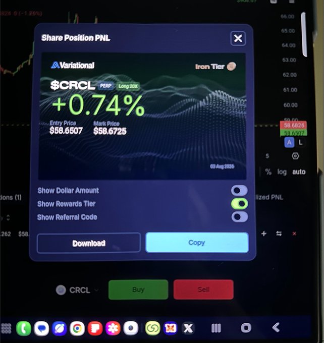 The image shows a "Share Position PNL" screen from Variational Perp DEX displaying a **CRCL PERP** long position with a +0.74% gain, an entry price of $58.6507, and a mark price of $58.6725, with the user's "Iron Tier" badge visible. This captures the trader's $CRCL long-term hold at $58.60, as referenced in the post about farming points on Variational.
