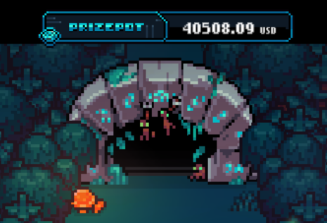 Pixel art video game screenshot showing an underwater cave scene with a small orange fish, displaying a 'PRIZEPOT 40508.09 USD' at the top.