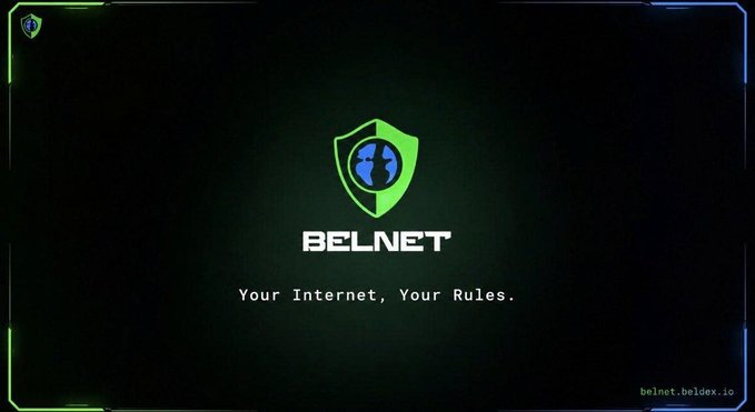A dark, cyberpunk-style logo screen for 'BELNET' with a green shield containing a globe, accompanied by the tagline 'Your Internet, Your Rules.' and the URL 'belnet.beldex.io'.