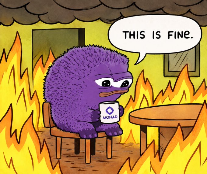 A cartoon meme featuring a purple fuzzy character sitting calmly in a burning room holding a mug labeled 'MONAD', saying 'THIS IS FINE.' in a speech bubble.
