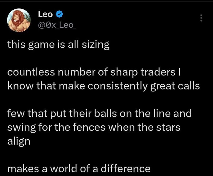 A tweet from verified user Leo (@0x_Leo_) reading "this game is all sizing. countless number of sharp traders I know that make consistently great calls. few that put their balls on the line and swing for the fences when the stars align. makes a world of a difference," reinforcing the post's message that position sizing outweighs entry timing and win rate in trading.