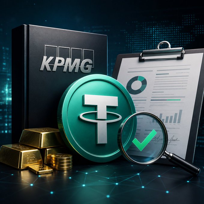 A promotional graphic featuring KPMG branding alongside a large Tether (USDT) coin, gold bars, a magnifying glass with a green checkmark, and financial documents on a digital blue background.