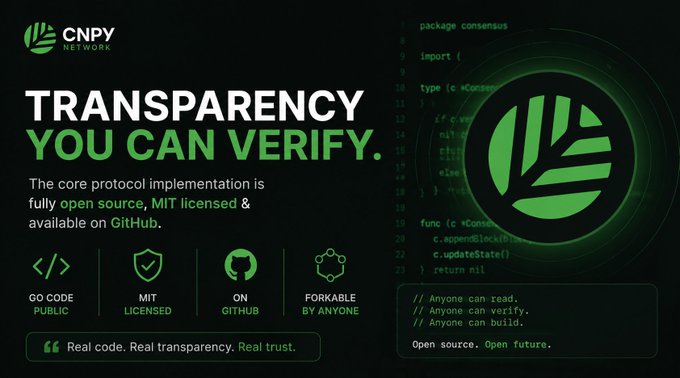 A promotional graphic for CNPY Network emphasizing 'TRANSPARENCY YOU CAN VERIFY,' noting their core protocol is MIT licensed open source on GitHub, alongside icons for Go Code, MIT Licensed, On GitHub, and Forkable.