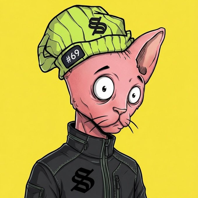 A cartoon-style illustration of a pink Sphynx cat wearing a green beanie with a dollar sign and '#69' patch, dressed in a black zip-up jacket with a matching dollar sign logo, against a bright yellow background.