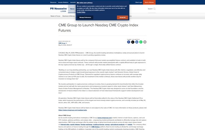 A PR Newswire press release from CME Group announces the launch of Nasdaq CME Crypto Index futures, dated May 19, 2026. The article notes the inclusion of major crypto assets including Bitcoin, Ether, SOL, XRP, ADA, LINK, and lumens, with CME Group planning to roll out the index through CFTC-licensed partners in the U.S. and other regulated jurisdictions.