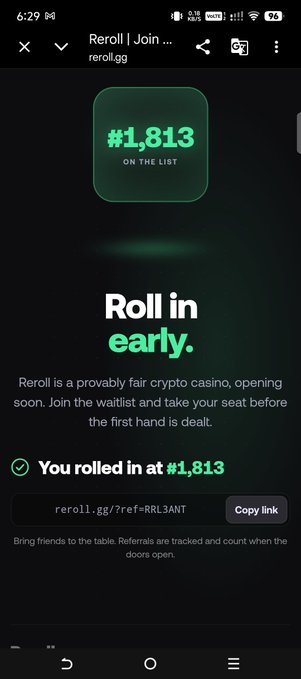 A mobile screen displays a 'Reroll | Join...' webpage from reroll.gg showing '#1,813 ON THE LIST' and text stating 'Roll in early. You rolled in at #1,813'.